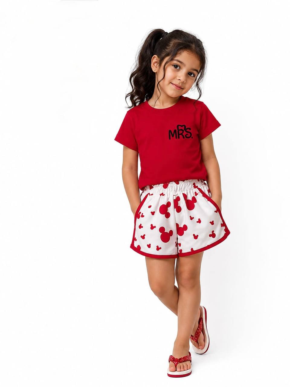 Girls’ Mickey Print Summer Outfit – Red T-Shirt & White Shorts Set | Soft Cotton |RM011G