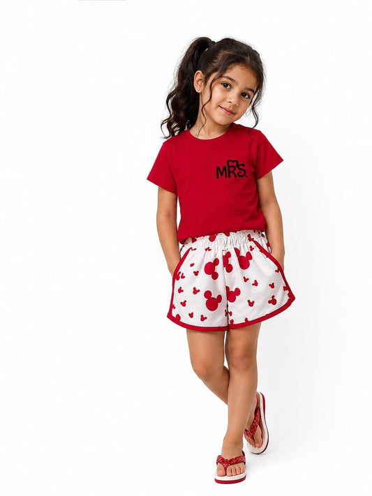 Girls’ Minnie Print Summer Outfit – RM011G - Red T-Shirt & White Shorts Set | Soft Cotton |RM011G