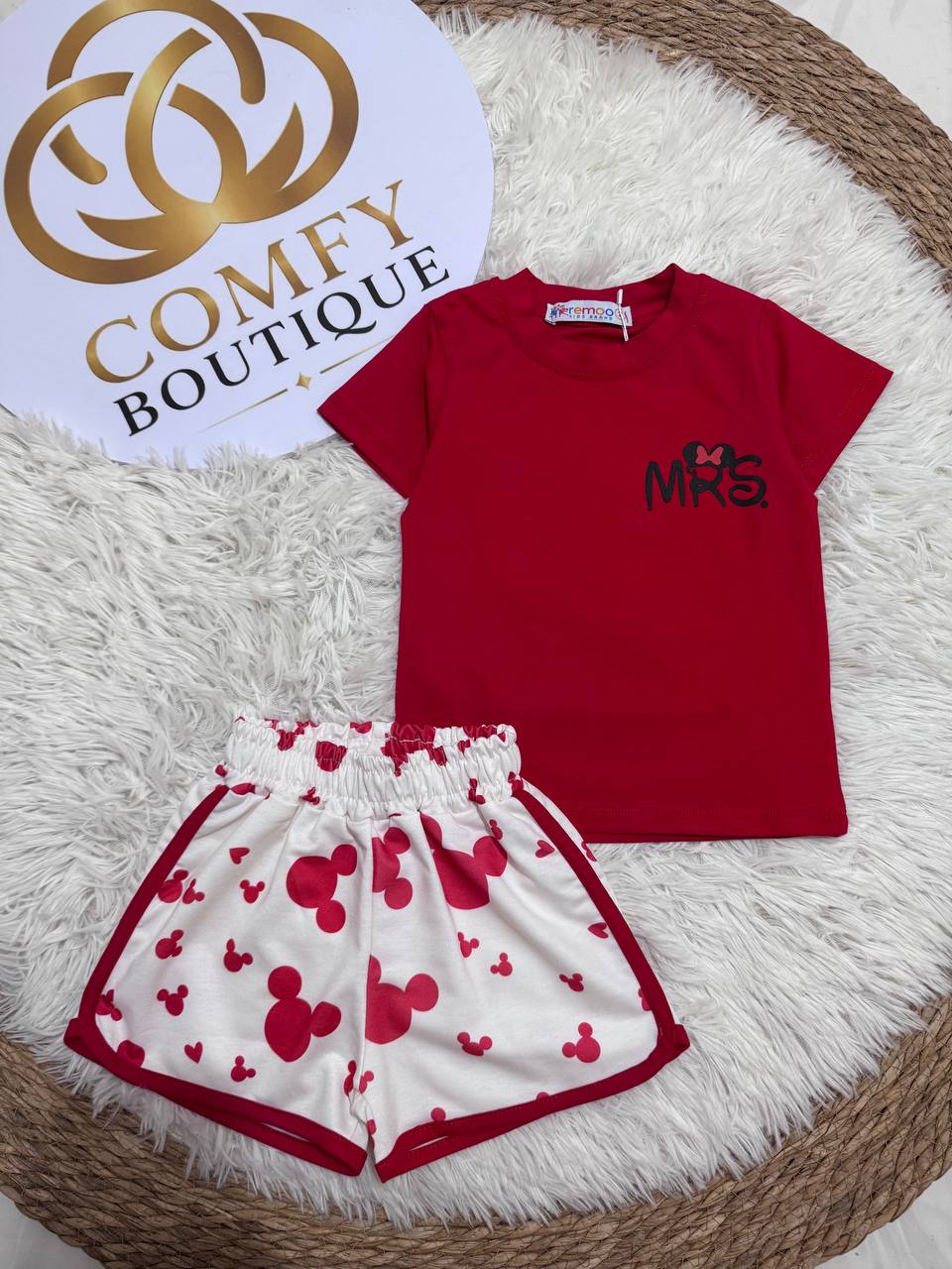 Girls’ Mickey Print Summer Outfit – Red T-Shirt & White Shorts Set | Soft Cotton |RM011G