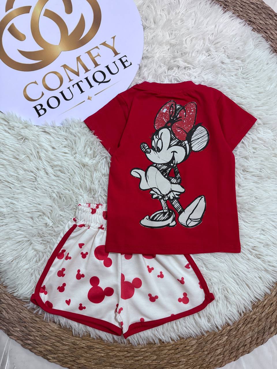 Girls’ Mickey Print Summer Outfit – Red T-Shirt & White Shorts Set | Soft Cotton |RM011G