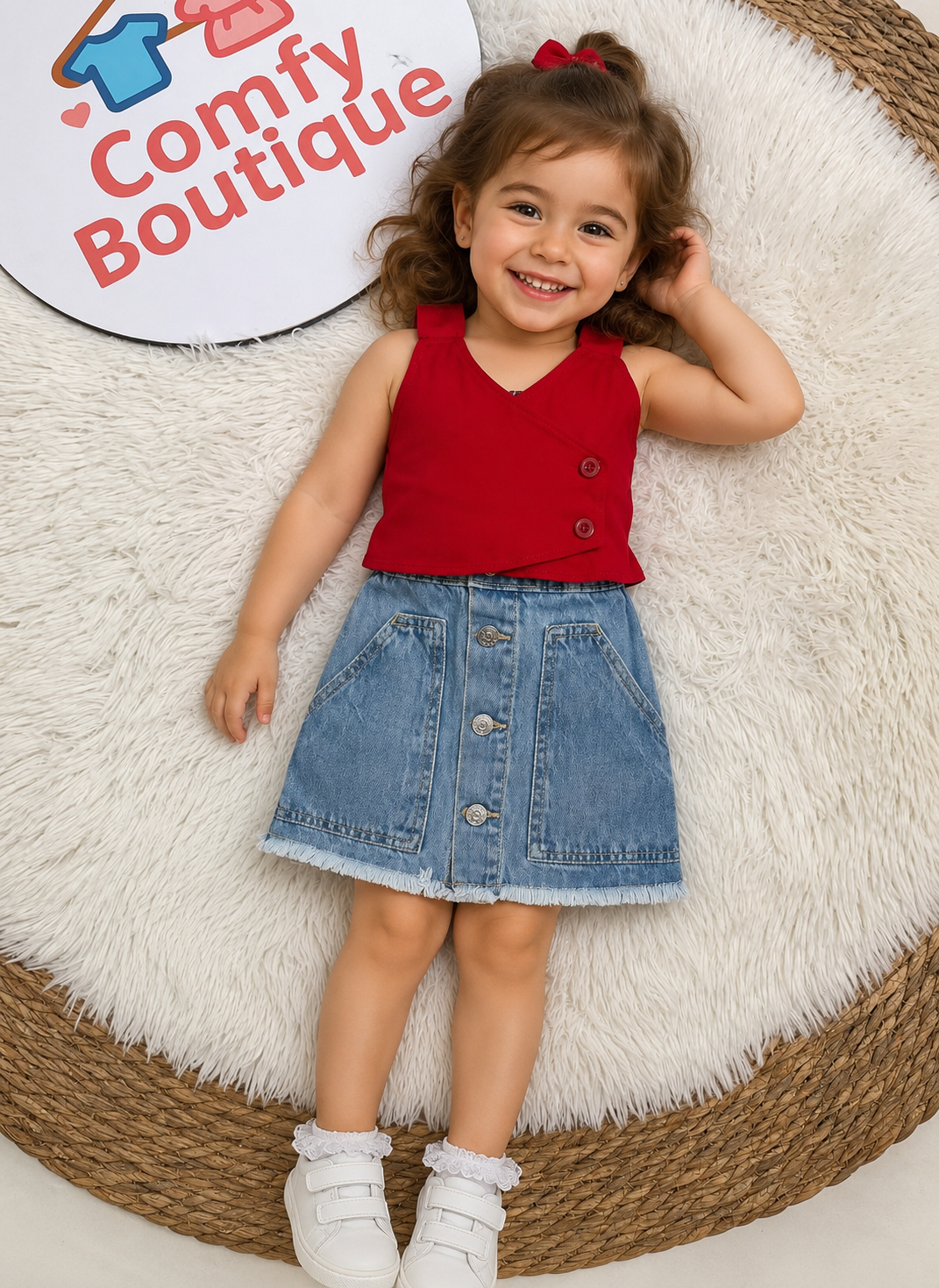 Girls Red Sleeveless Wrap Top & Button Front Denim Skirt Set – Casual Summer Outfit – Stylish Kids Clothing