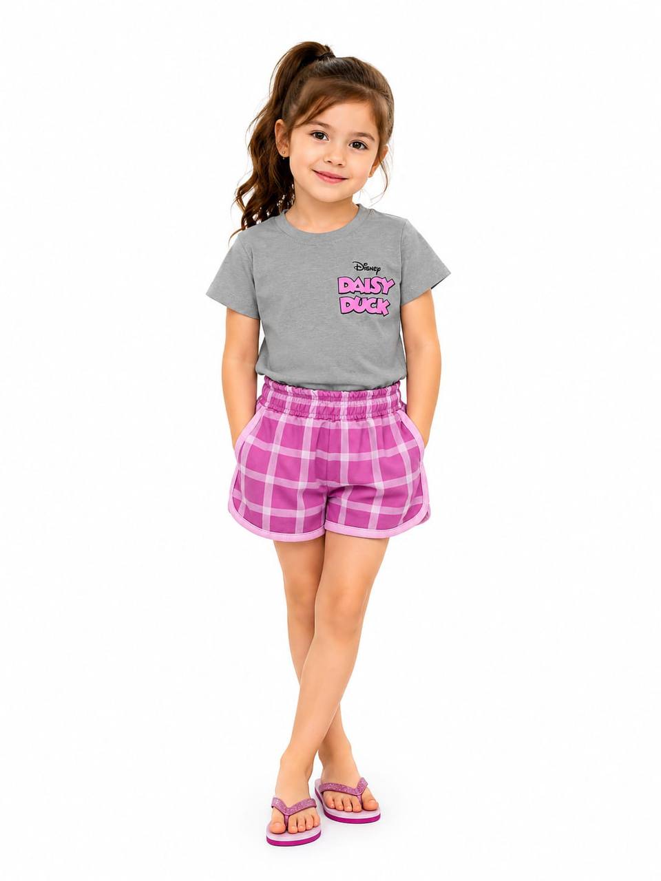 Girls’ Disney Daisy Duck Summer Outfit – Grey T-Shirt & Pink Check Shorts Set | Soft Cotton |RM012G