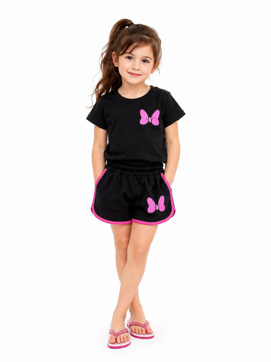 Girls’ Butterfly Summer Outfit – RM013G - Black T-Shirt & Matching Shorts Set | Soft Cotton |RM013G