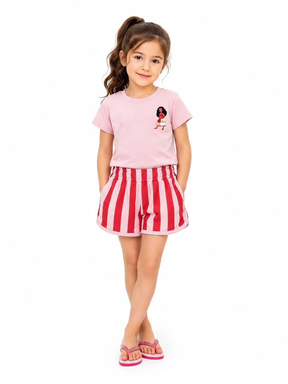 Girls’ Moana Summer Outfit – Pink T-Shirt & Pink Stripe Shorts Set | Soft Cotton | RM014G
