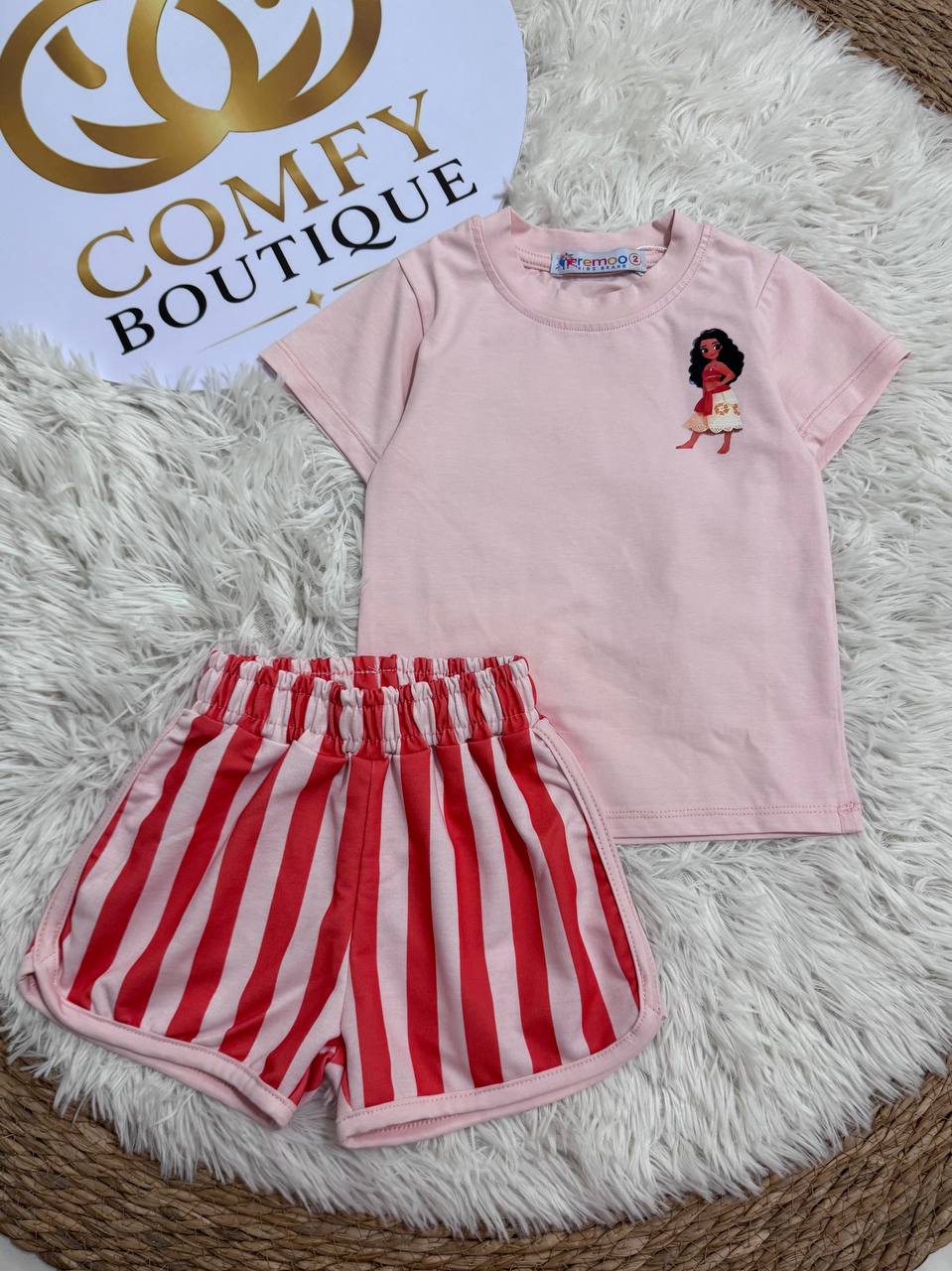 Girls’ Moana Summer Outfit – Pink T-Shirt & Pink Stripe Shorts Set | Soft Cotton | RM014G