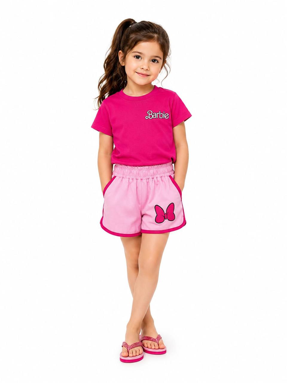 Girls’ Barbie Summer Outfit – Fuchsia T-Shirt & Pink Butterfly Shorts Set | Soft Cotton | RM015