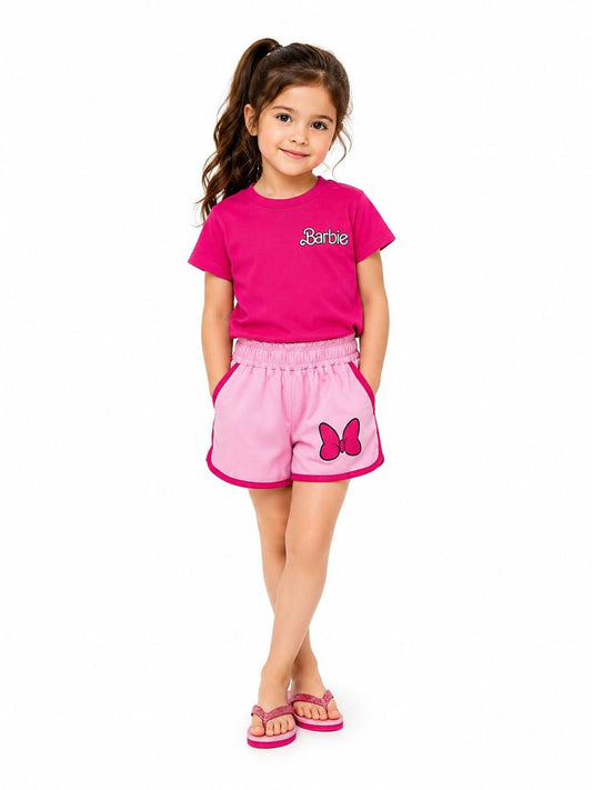 Girls’ Barbie Summer Outfit RM015G – Fuchsia T-Shirt & Pink Butterfly Shorts Set | Soft Cotton | RM015G