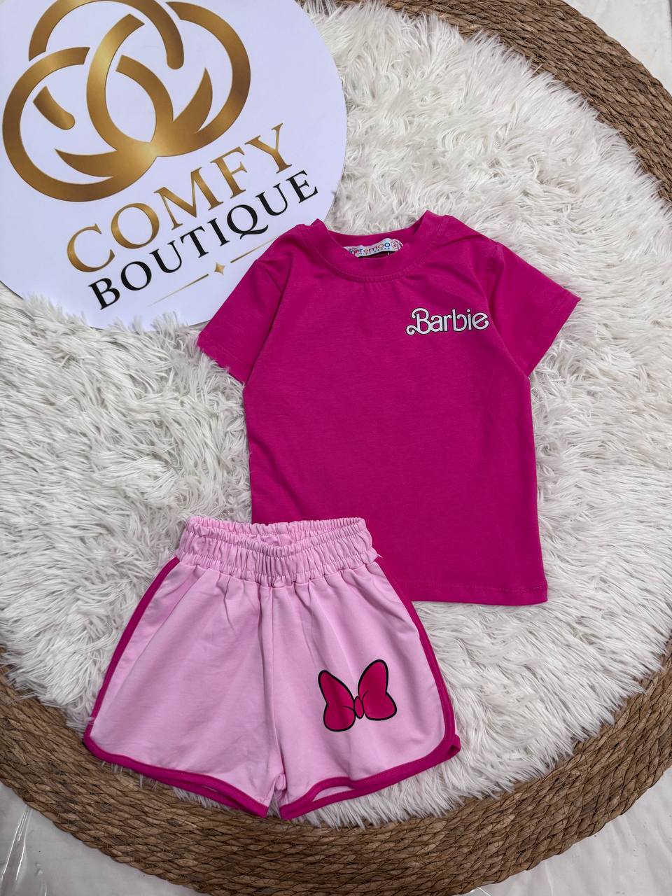 Girls’ Barbie Summer Outfit – Fuchsia T-Shirt & Pink Butterfly Shorts Set | Soft Cotton | RM015