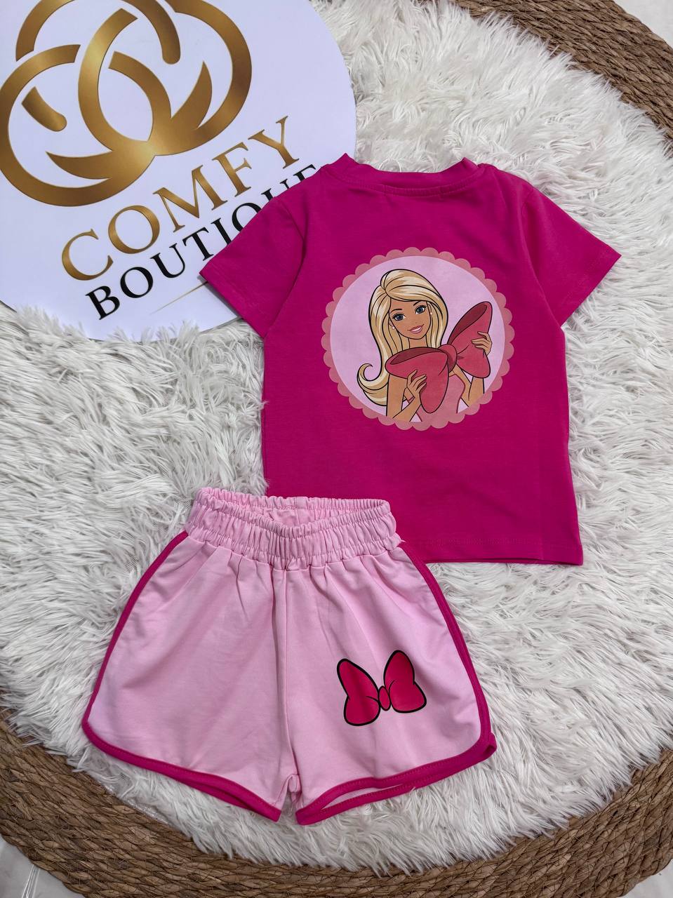 Girls’ Barbie Summer Outfit – Fuchsia T-Shirt & Pink Butterfly Shorts Set | Soft Cotton | RM015