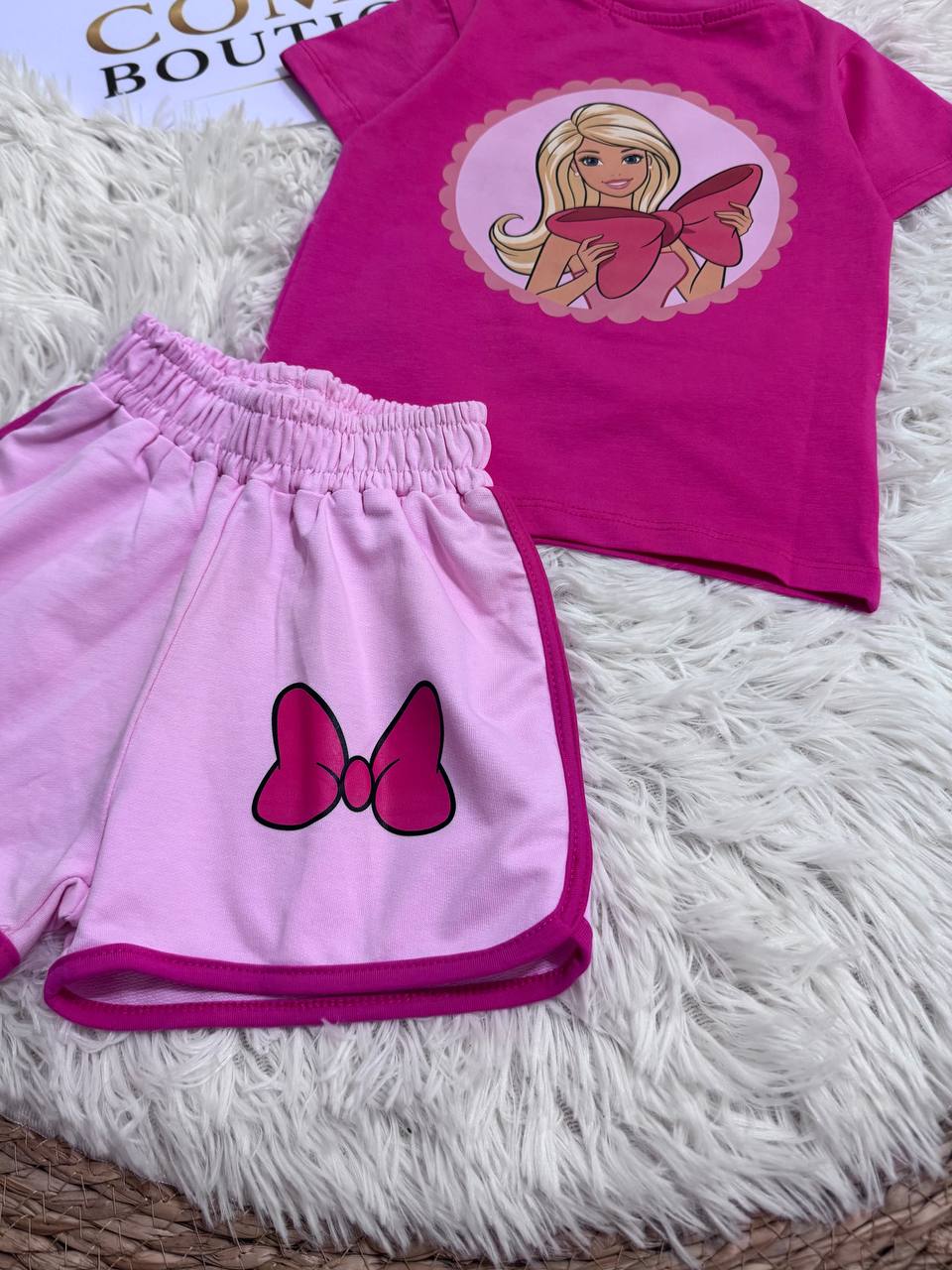 Girls’ Barbie Summer Outfit – Fuchsia T-Shirt & Pink Butterfly Shorts Set | Soft Cotton | RM015