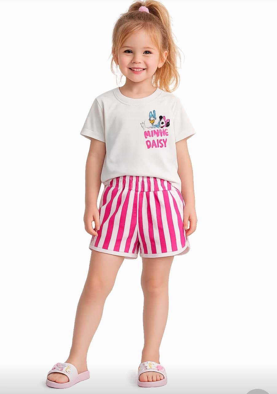 Girls’ Disney Minnie & Daisy Summer Outfit – White T-Shirt & Pink Stripe Shorts Set | Soft Cotton |RM016