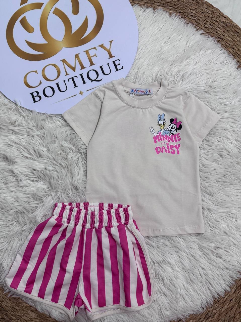 Girls’ Disney Minnie & Daisy Summer Outfit – White T-Shirt & Pink Stripe Shorts Set | Soft Cotton |RM016