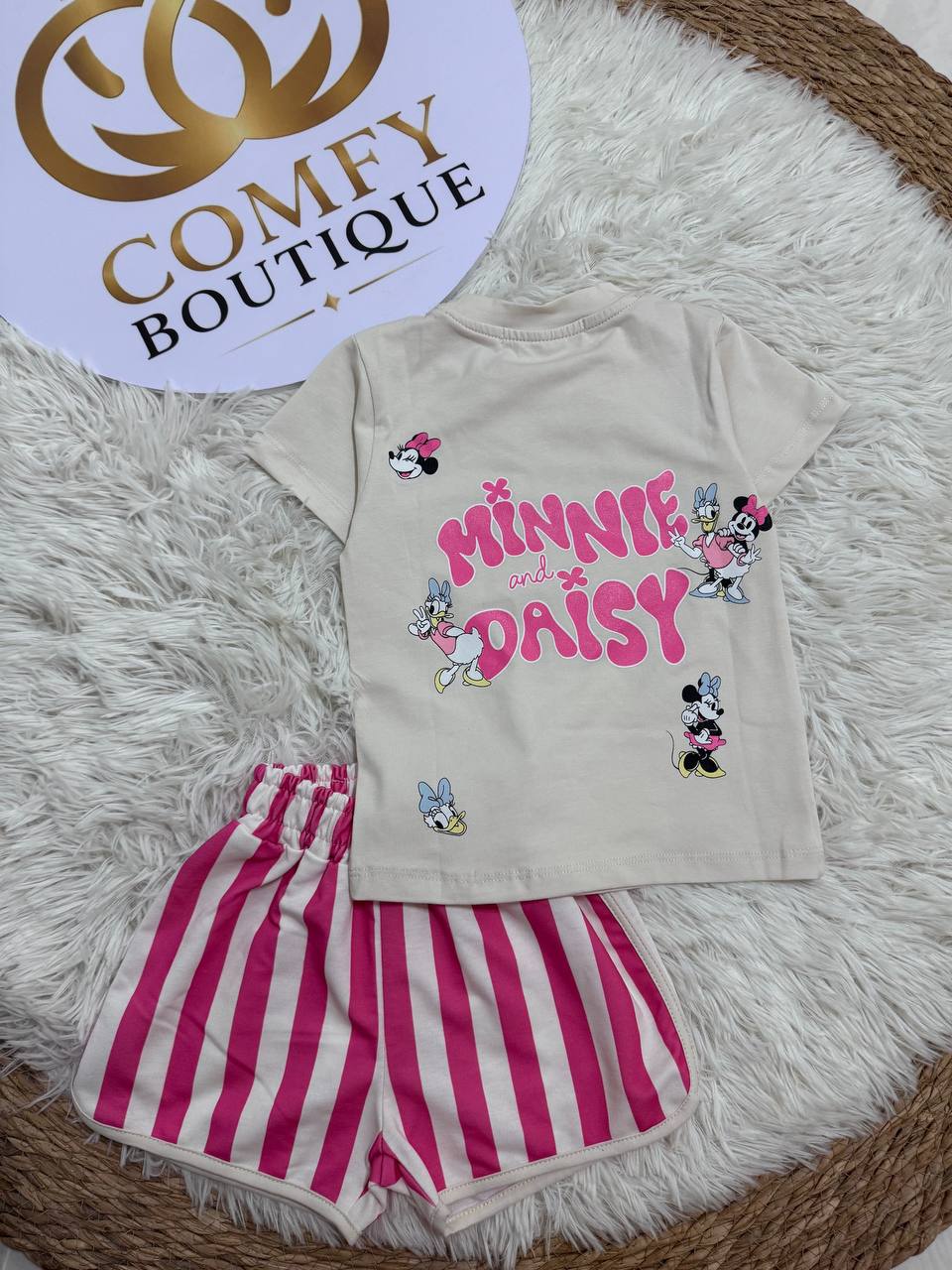 Girls’ Disney Minnie & Daisy Summer Outfit – White T-Shirt & Pink Stripe Shorts Set | Soft Cotton |RM016