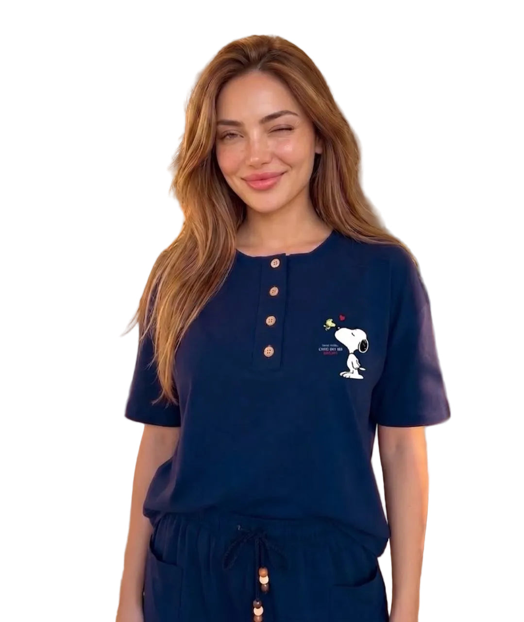 Women’s Navy Blue Lounge Set – Short Sleeve Top & Wide Leg Pants | Soft Cotton | SM6152B