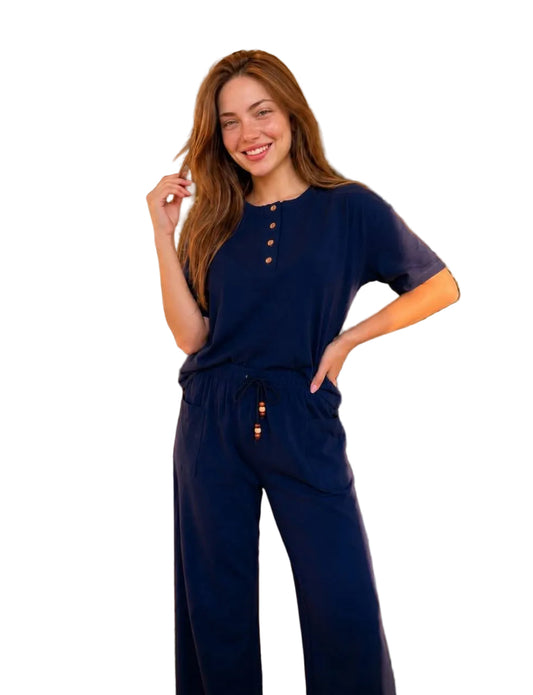 Women’s Navy Blue Lounge Set – SM6152B - Short Sleeve Top & Wide Leg Pants | Soft Cotton | SM6152B