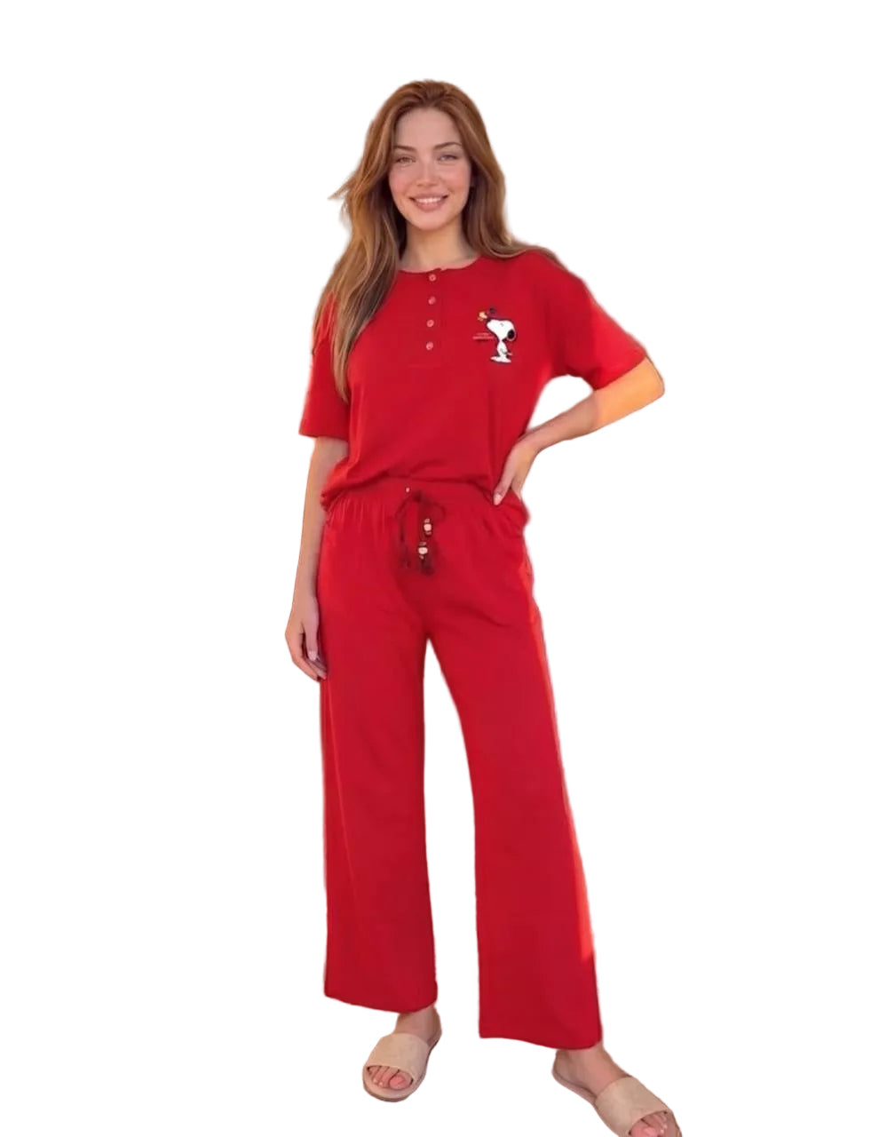 Women’s Snoopy Lounge Set – Red Short Sleeve Top & Wide Leg Pants | Soft Cotton | SM6152A