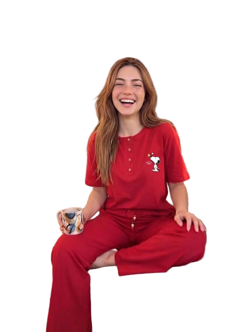 Women’s Snoopy Lounge Set – Red Short Sleeve Top & Wide Leg Pants | Soft Cotton | SM6152A