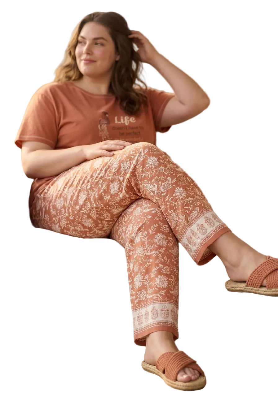 Women’s Plus Size Cotton Pajama Set – Terracotta Graphic T-Shirt & Floral Print Pants |