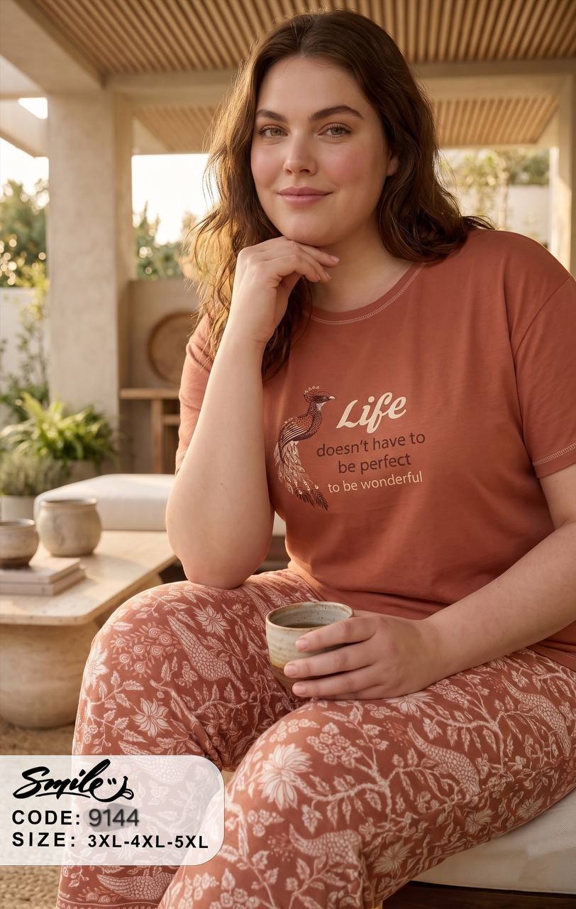 Women’s Plus Size Cotton Pajama Set – Terracotta Graphic T-Shirt & Floral Print Pants |