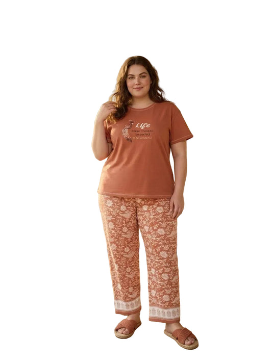 Women’s Plus Size Cotton Pajama Set – SM9144A - Terracotta Graphic T-Shirt & Floral Print Pants |SM9144A
