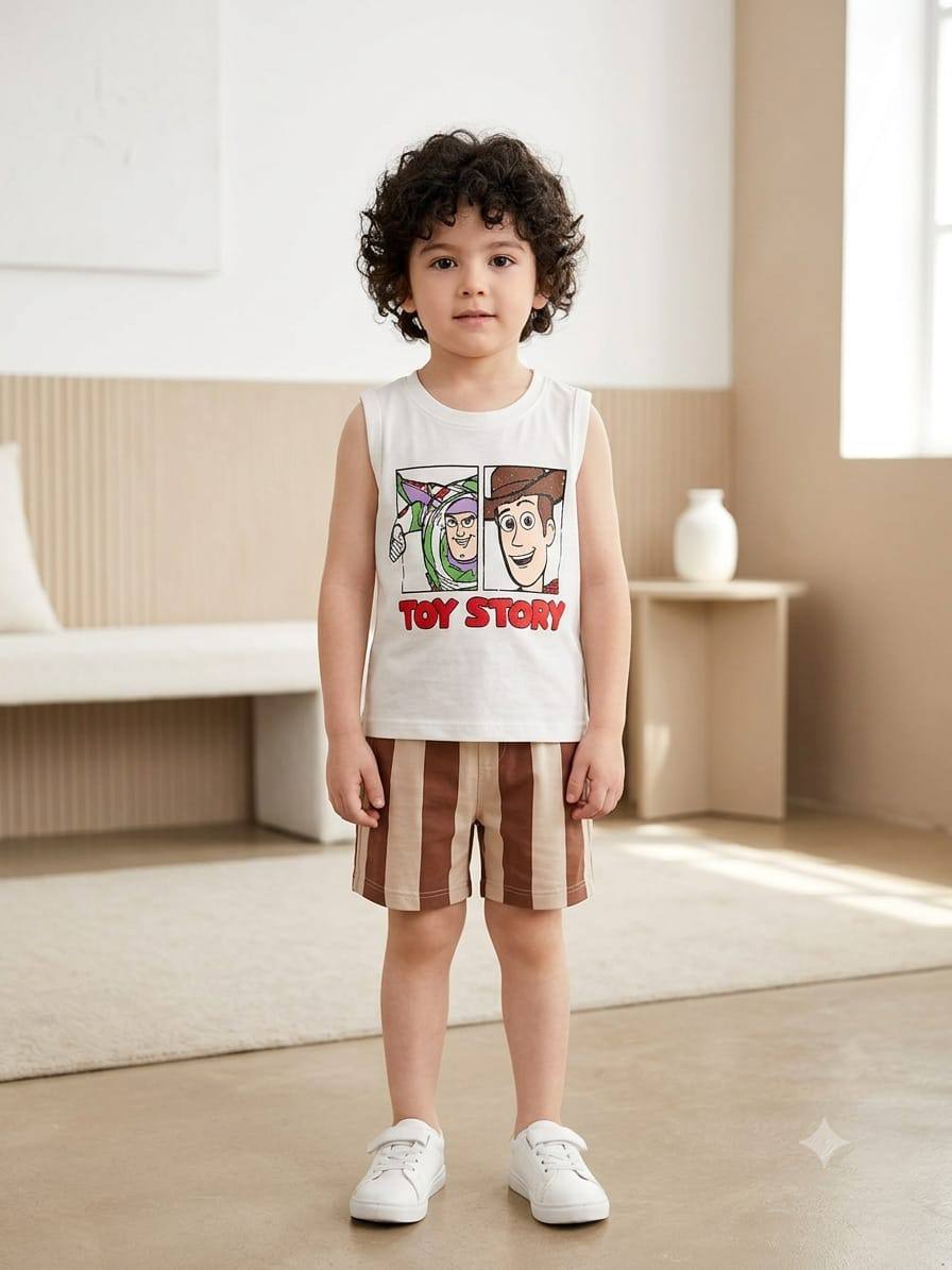Disney Toy Story Boys Summer Outfit Set – Sleeveless Cotton Tank Top & Striped Shorts | BK011B