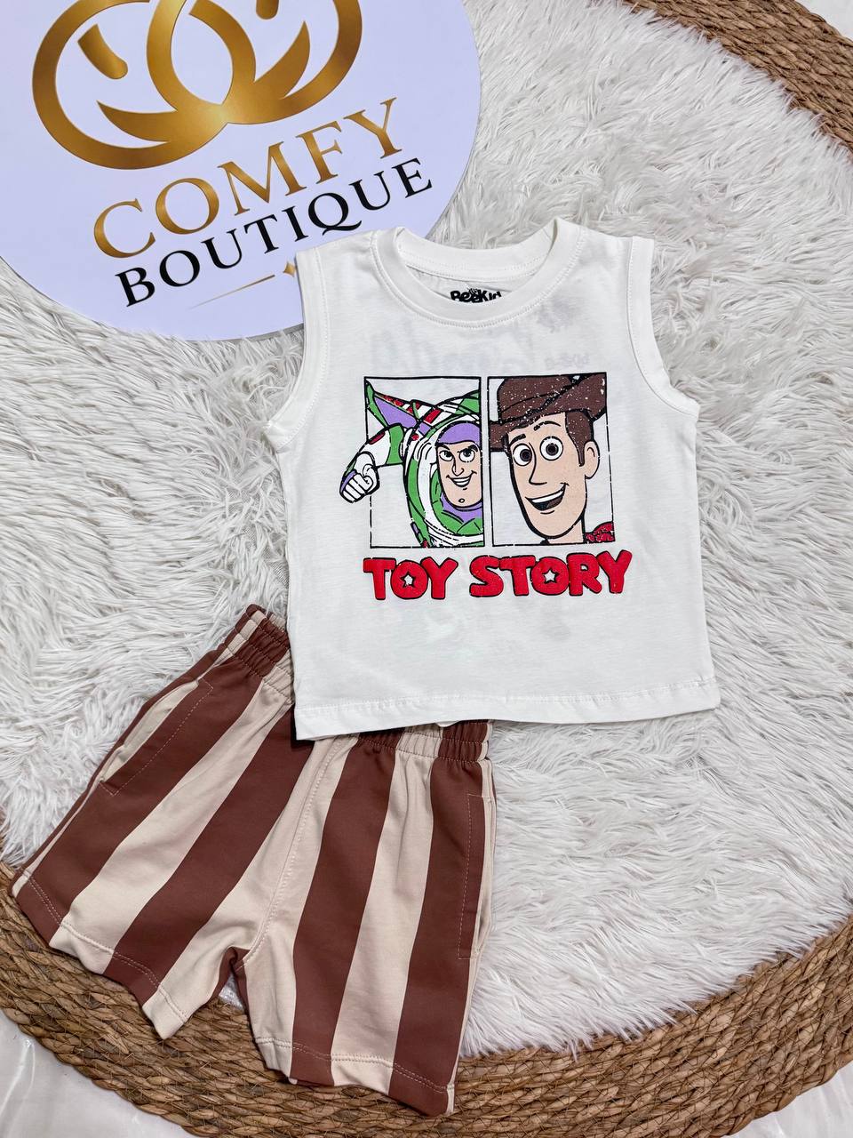Disney Toy Story Boys Summer Outfit Set – Sleeveless Cotton Tank Top & Striped Shorts | BK011B