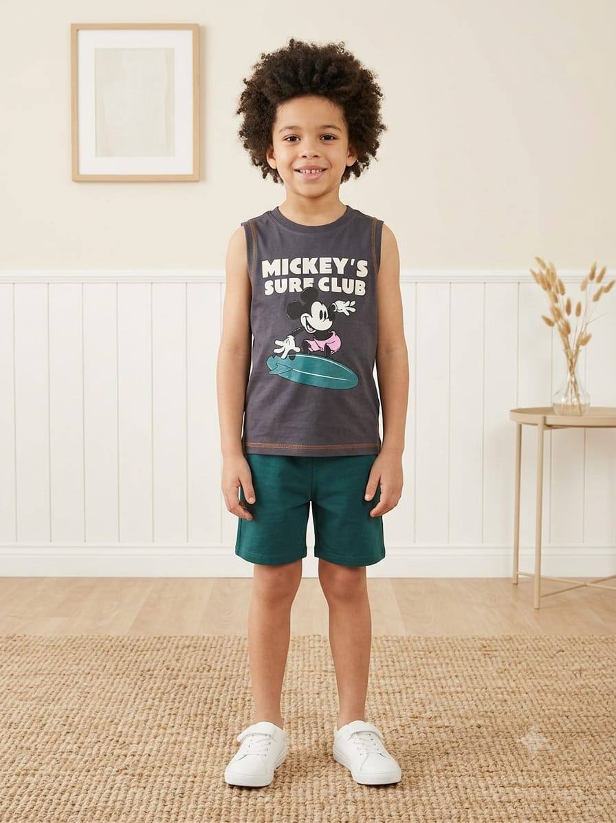 Disney Mickey Mouse Surf Club Boys Summer Outfit Set – Sleeveless Cotton Tank Top & Solid Shorts | Casual Kids Clothing| BK012