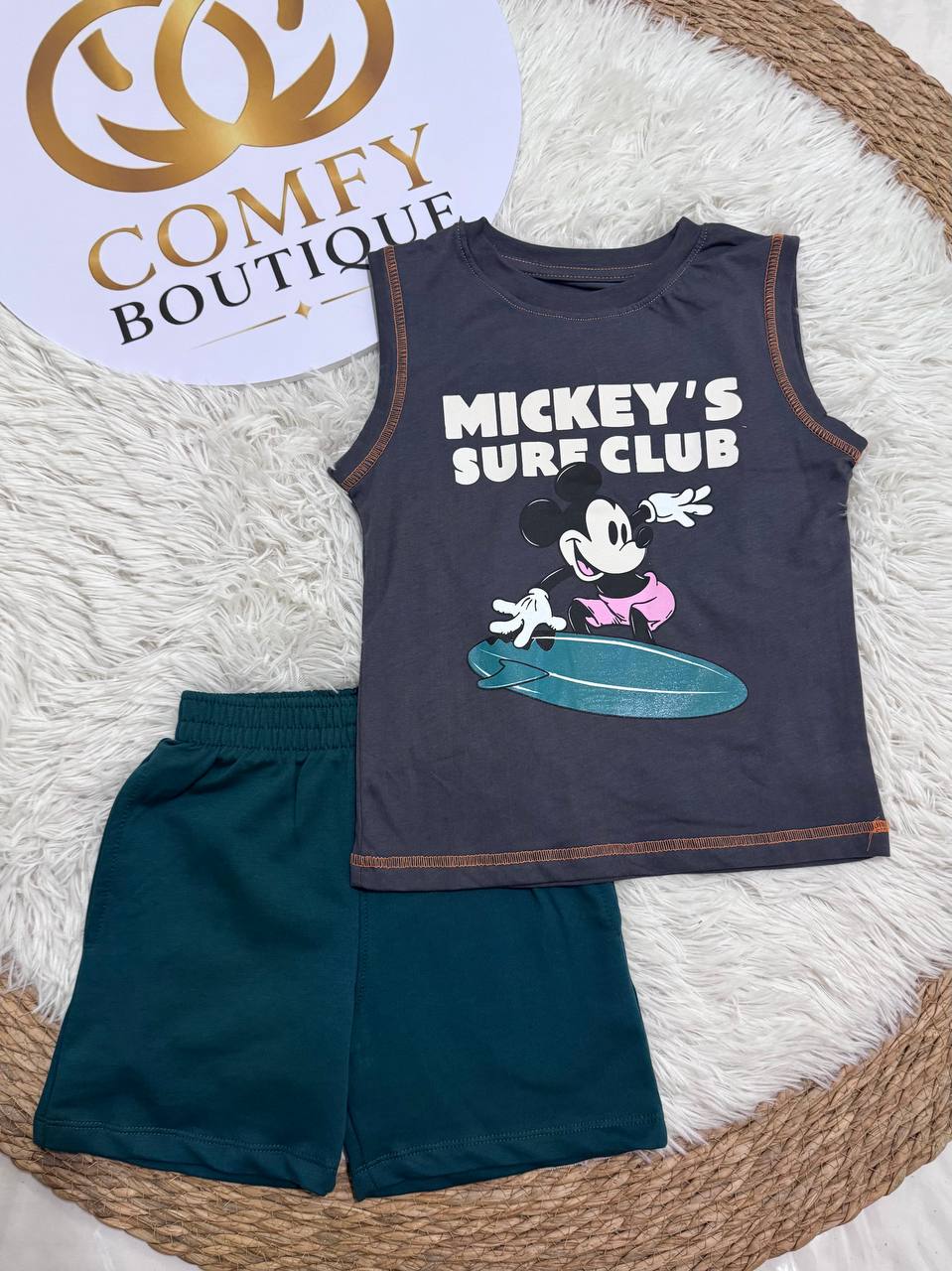 Disney Mickey Mouse Surf Club Boys Summer Outfit Set – Sleeveless Cotton Tank Top & Solid Shorts | Casual Kids Clothing| BK012