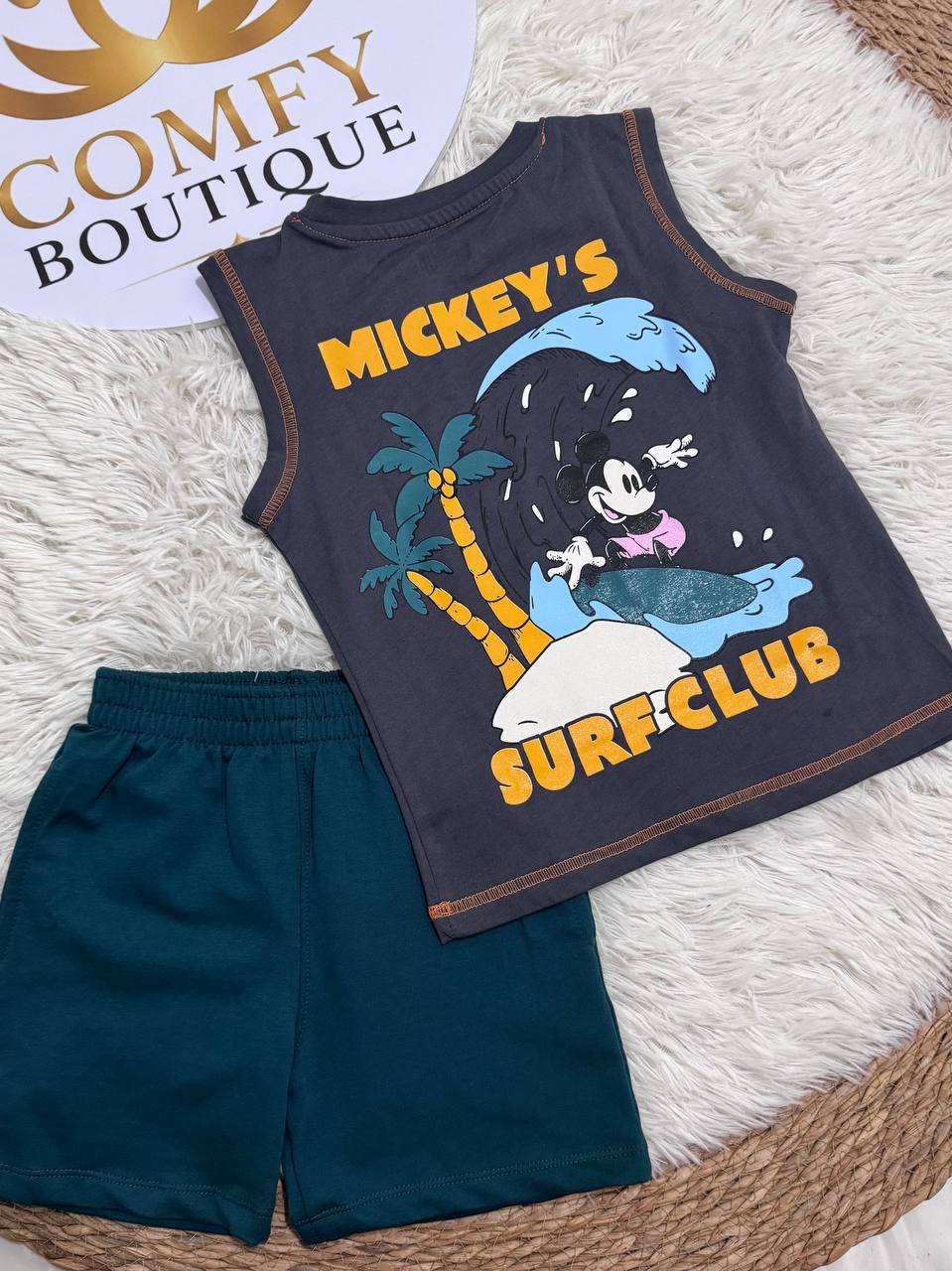 Disney Mickey Mouse Surf Club Boys Summer Outfit Set – Sleeveless Cotton Tank Top & Solid Shorts | Casual Kids Clothing| BK012