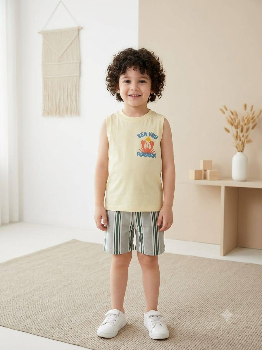 Boys Sea You Summer Outfit Set – Sleeveless Cotton Tank Top & Striped Shorts | 2-Piece Kids Casual Clothing|BK013B