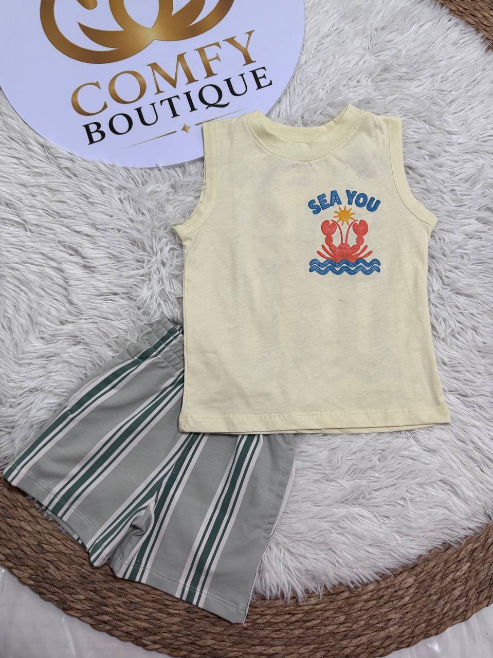 Boys Sea You Summer Outfit Set – Sleeveless Cotton Tank Top & Striped Shorts | 2-Piece Kids Casual Clothing|BK013B