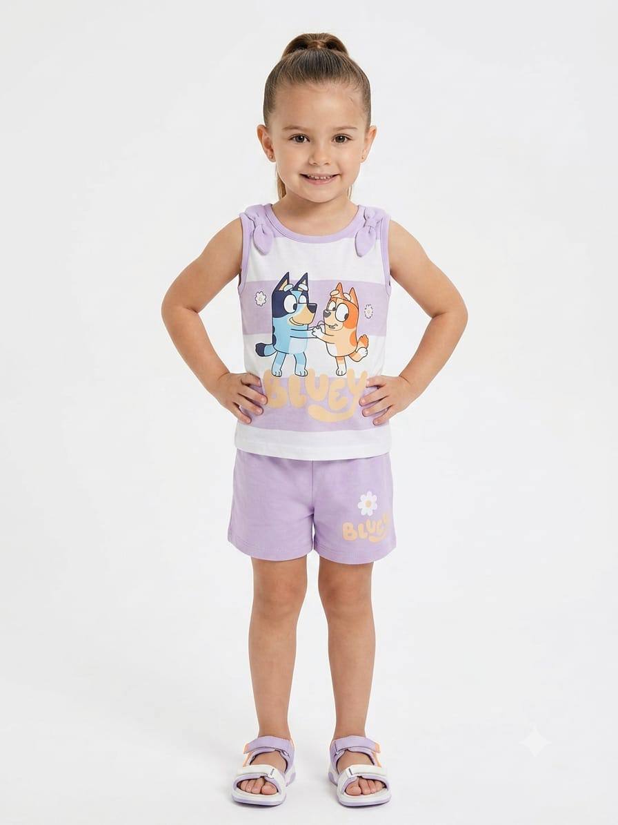 Girls Bluey Summer Outfit Set – Sleeveless Cotton Top & Shorts 2-Piece Kids Casual Clothing|BK014G