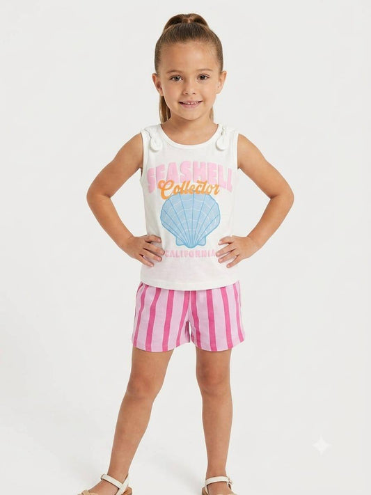 Girls Seashell Collector Summer Outfit Set – BK015G - Sleeveless Cotton Top & Striped Shorts | 2-Piece Kids Casual Clothing|. BK015G
