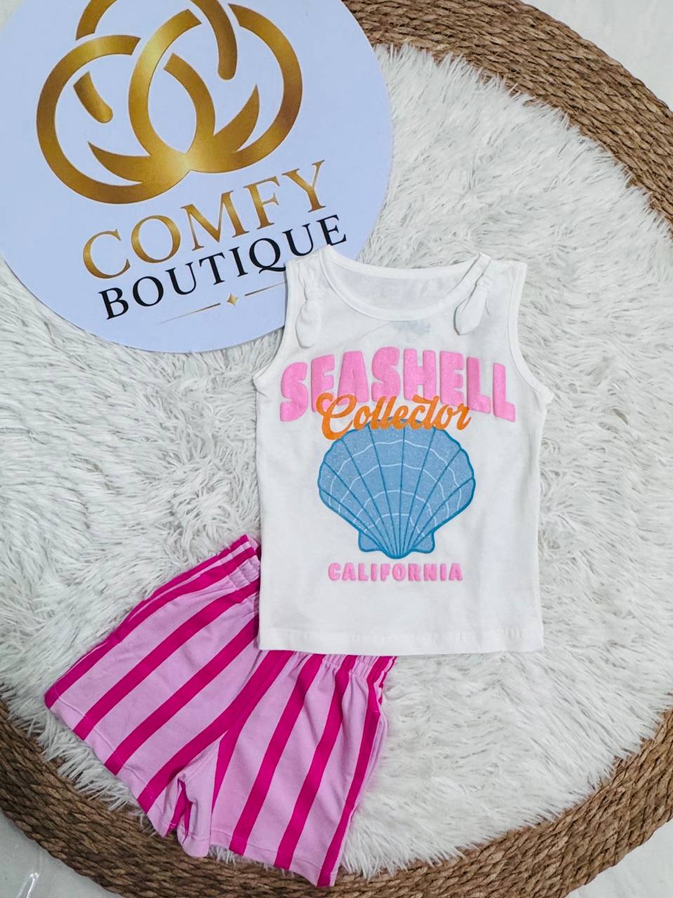 Girls Seashell Collector Summer Outfit Set – Sleeveless Cotton Top & Striped Shorts | 2-Piece Kids Casual Clothing|. BK015G