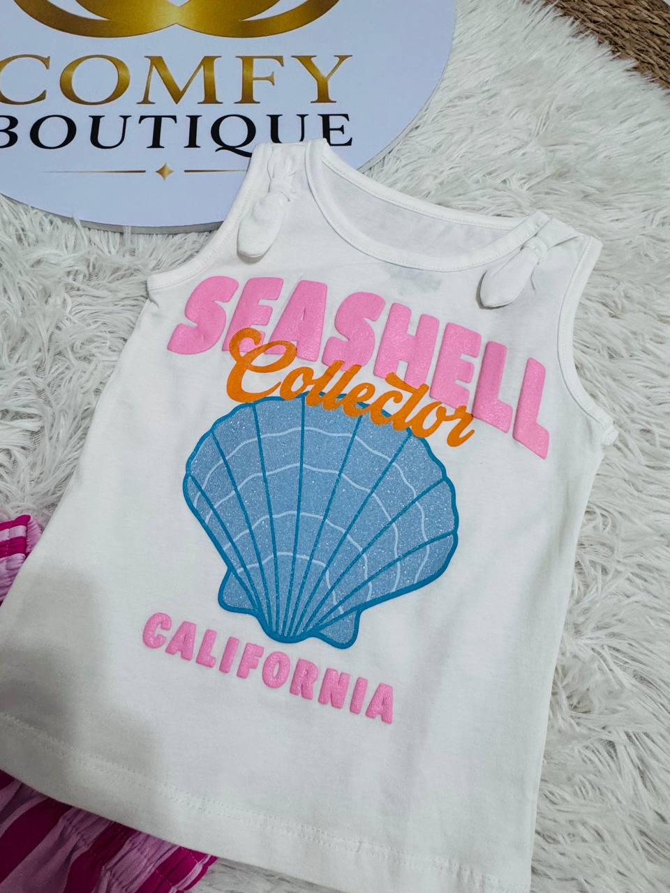 Girls Seashell Collector Summer Outfit Set – Sleeveless Cotton Top & Striped Shorts | 2-Piece Kids Casual Clothing|. BK015G