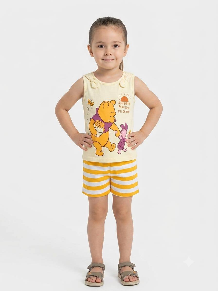 Girls Disney Winnie the Pooh Summer Outfit Set – Sleeveless Cotton Top & Striped Shorts | 2-Piece Kids Clothing|BK016G