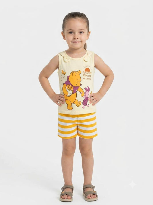 Girls Disney Winnie the Pooh Summer Outfit Set – BK016G - Sleeveless Cotton Top & Striped Shorts | 2-Piece Kids Clothing|BK016G