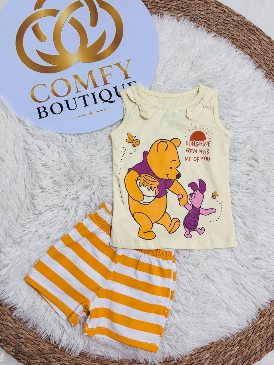 Girls Disney Winnie the Pooh Summer Outfit Set – Sleeveless Cotton Top & Striped Shorts | 2-Piece Kids Clothing|BK016G