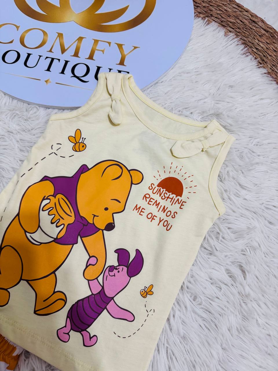 Girls Disney Winnie the Pooh Summer Outfit Set – Sleeveless Cotton Top & Striped Shorts | 2-Piece Kids Clothing|BK016G