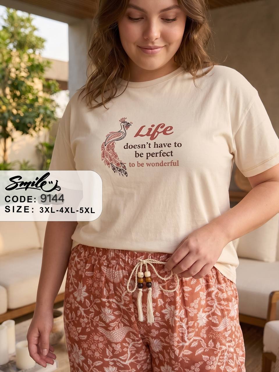 Women’s Plus Size Floral Pajama Set – Short Sleeve Graphic Tee & Printed Lounge Pants | Soft Summer Sleepwear |SM9144B