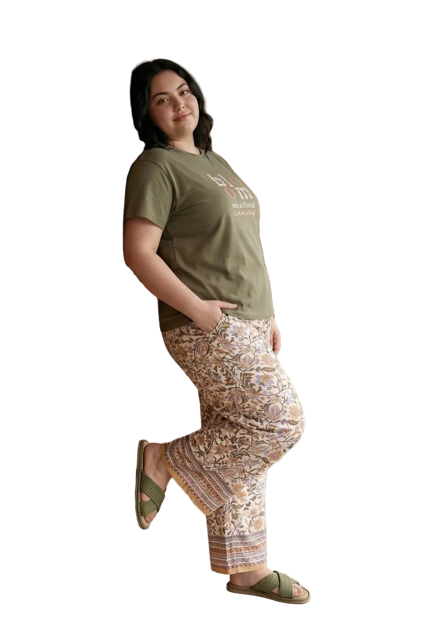 Women’s Plus Size Floral Pajama Set – Olive Graphic T-Shirt & Printed Lounge Pants | Soft Cotton Summer Sleepwear |SM9104A
