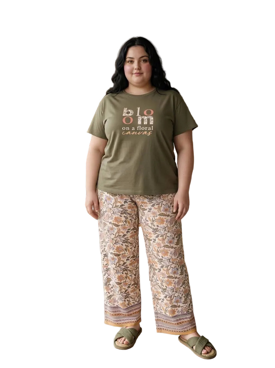 Women’s Plus Size Floral Pajama Set – Olive Graphic T-Shirt & Printed Lounge Pants | Soft Cotton Summer Sleepwear |SM9104A