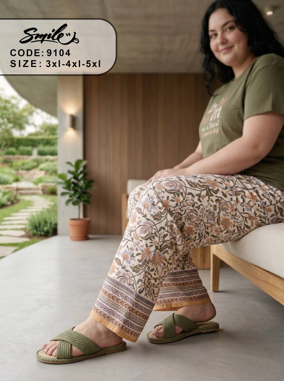 Women’s Plus Size Floral Pajama Set – Olive Graphic T-Shirt & Printed Lounge Pants | Soft Cotton Summer Sleepwear |SM9104A