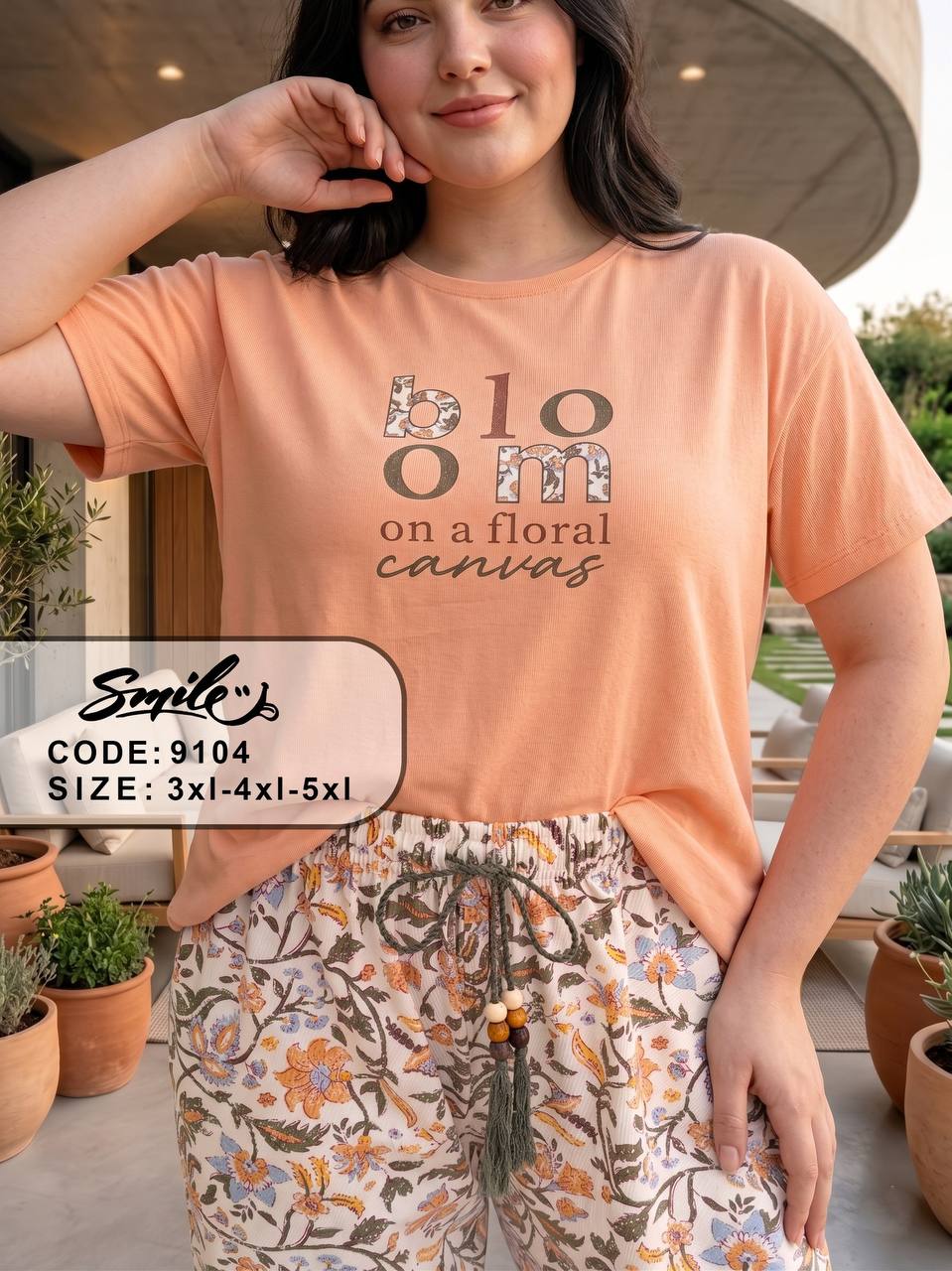 Women’s Plus Size Floral Pajama Set – Soft Cotton Short Sleeve Sleepwear, Peach Tee & Printed Pants,|SM9104B