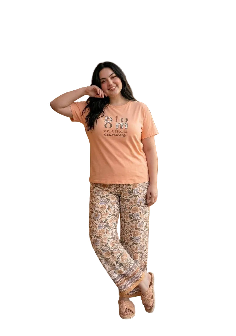 Women’s Plus Size Floral Pajama Set – Soft Cotton Short Sleeve Sleepwear, Peach Tee & Printed Pants,|SM9104B