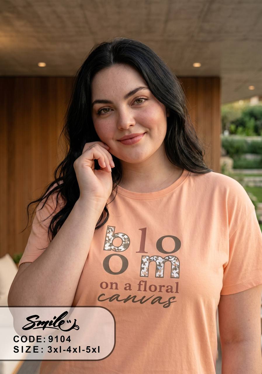 Women’s Plus Size Floral Pajama Set – Soft Cotton Short Sleeve Sleepwear, Peach Tee & Printed Pants,|SM9104B