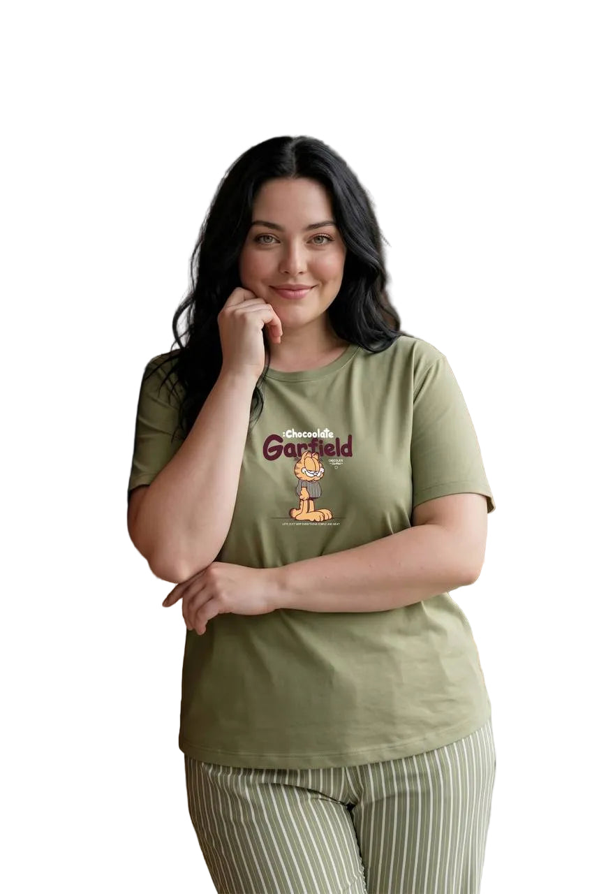 Women’s Plus Size Garfield Cotton Pajama Set – Olive Green Short Sleeve Lounge Set with Striped Pants |SM9181