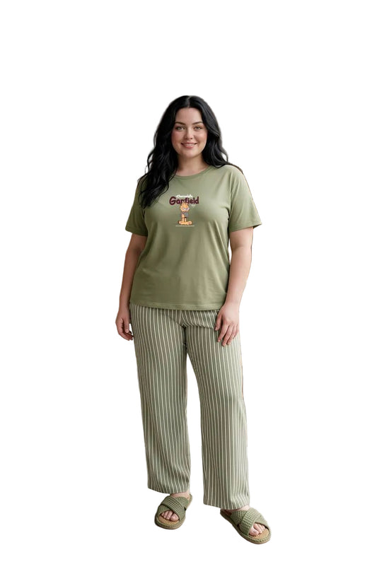 Women’s Plus Size Garfield Cotton Pajama Set SM9181 – Olive Green Short Sleeve Lounge Set with Striped Pants |SM9181