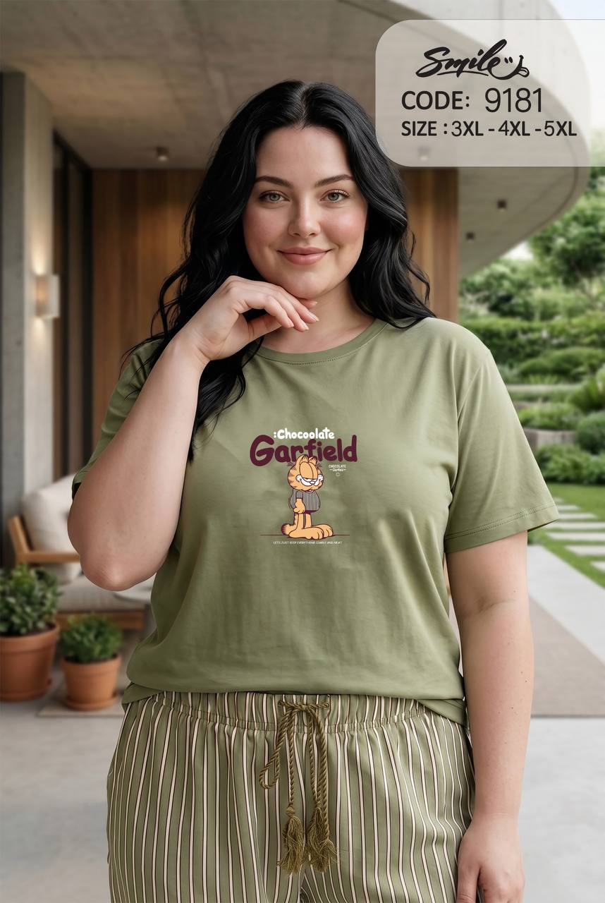 Women’s Plus Size Garfield Cotton Pajama Set – Olive Green Short Sleeve Lounge Set with Striped Pants |SM9181