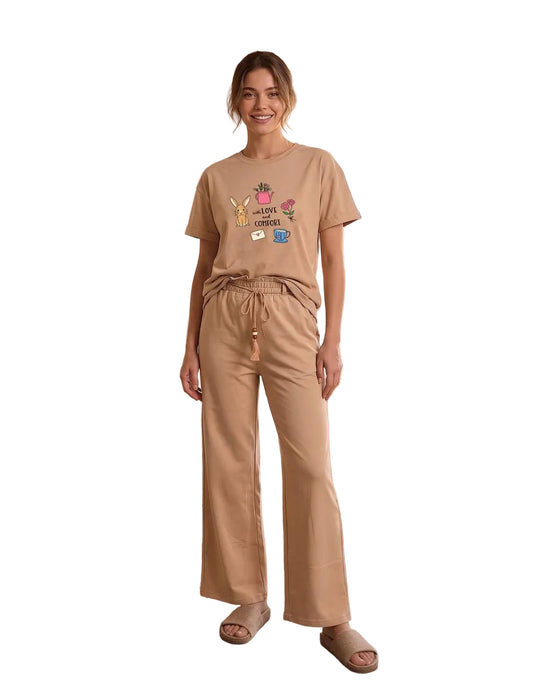 Women’s Cotton Pajama Set – SM6154B - Love & Comfort Bunny Print Short Sleeve Top & Full Length Pants, Soft Lounge Sleepwear, Beige|SM6154B